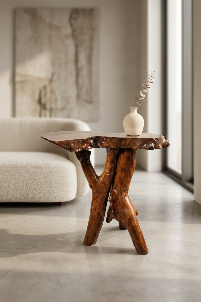 Handcrafted Driftwood Side Table – Natural Wooden Sculptural Table by Kalaayan